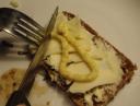 Dark Danish bread, butter, cheese and remoulade.