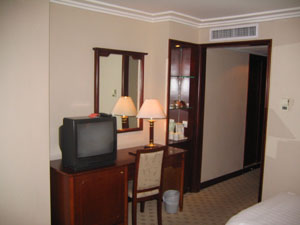 The hotel room towards the entrance