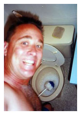 Look at this man... He is happy. Notice that he is holding a toilet brush. Thats why!